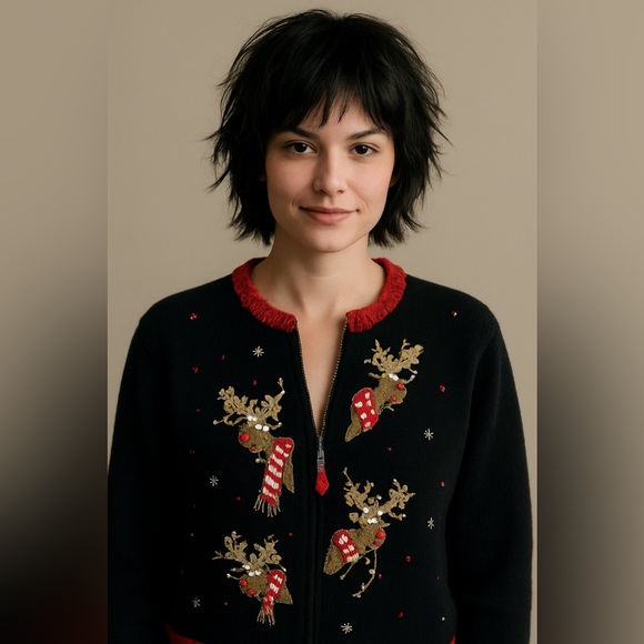 Tiara Christmas Holiday Cardigan Sweater Zips Up 2003 Reindeer Size XL Petite - Picture 1 of 12